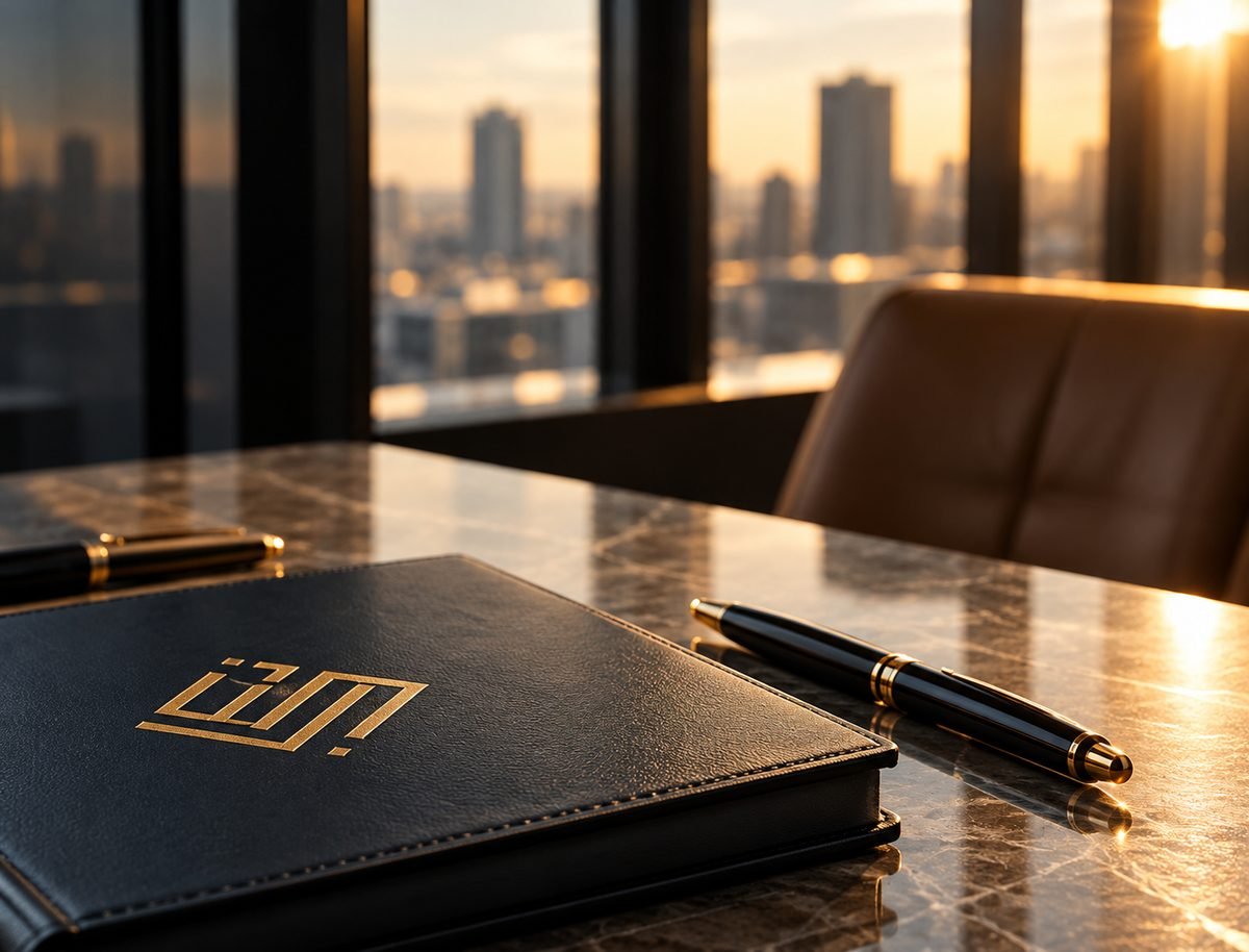 Leather folio and pen on a marble meeting table overlooking the city at sunset